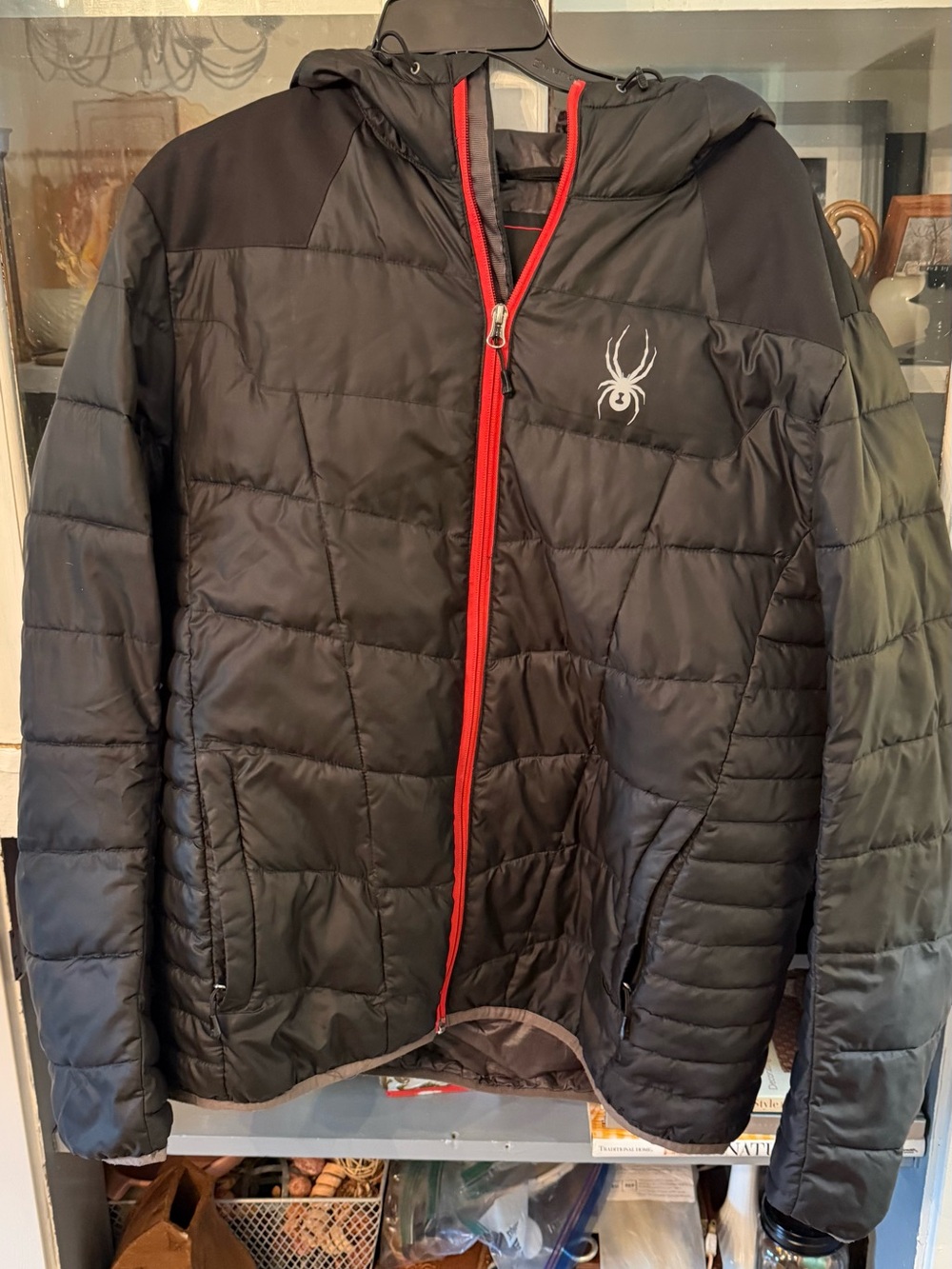 Spyder Men's Black Puffer Jacket with Red Zip